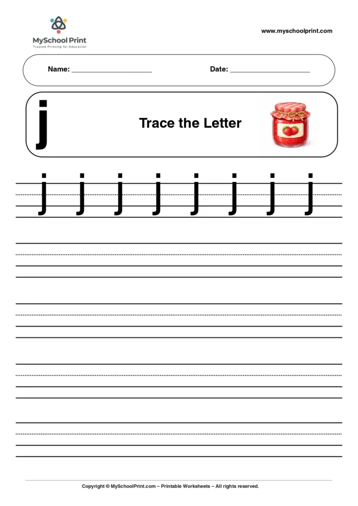 Solid lowercase letter j worksheet for preschool and kindergarten