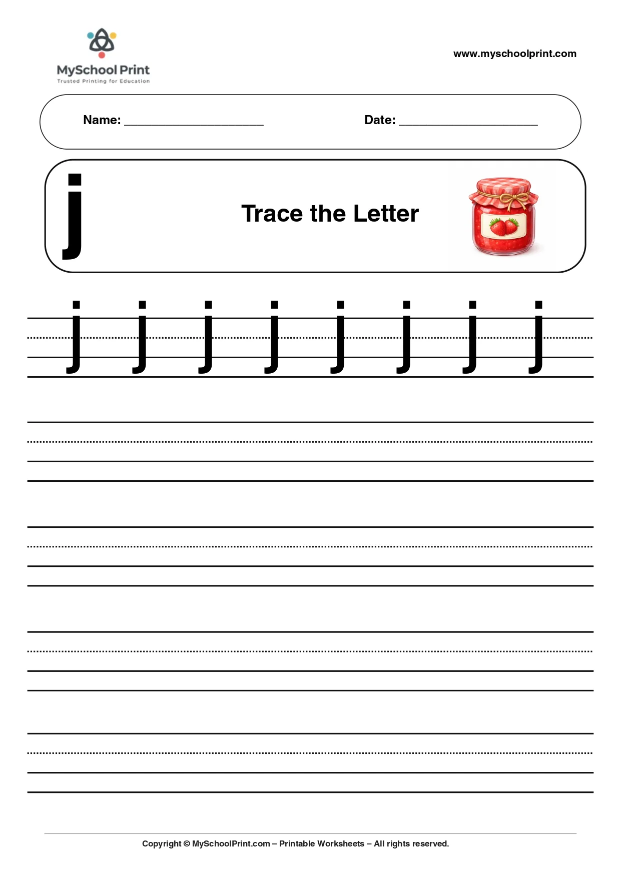 Solid lowercase letter j worksheet for preschool and kindergarten