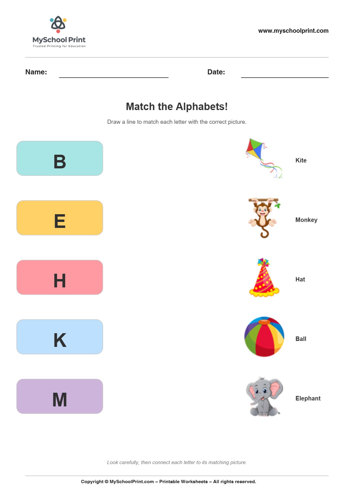 Alphabet matching worksheet 11 with uppercase letters and colorful pictures for preschool and kindergarten
