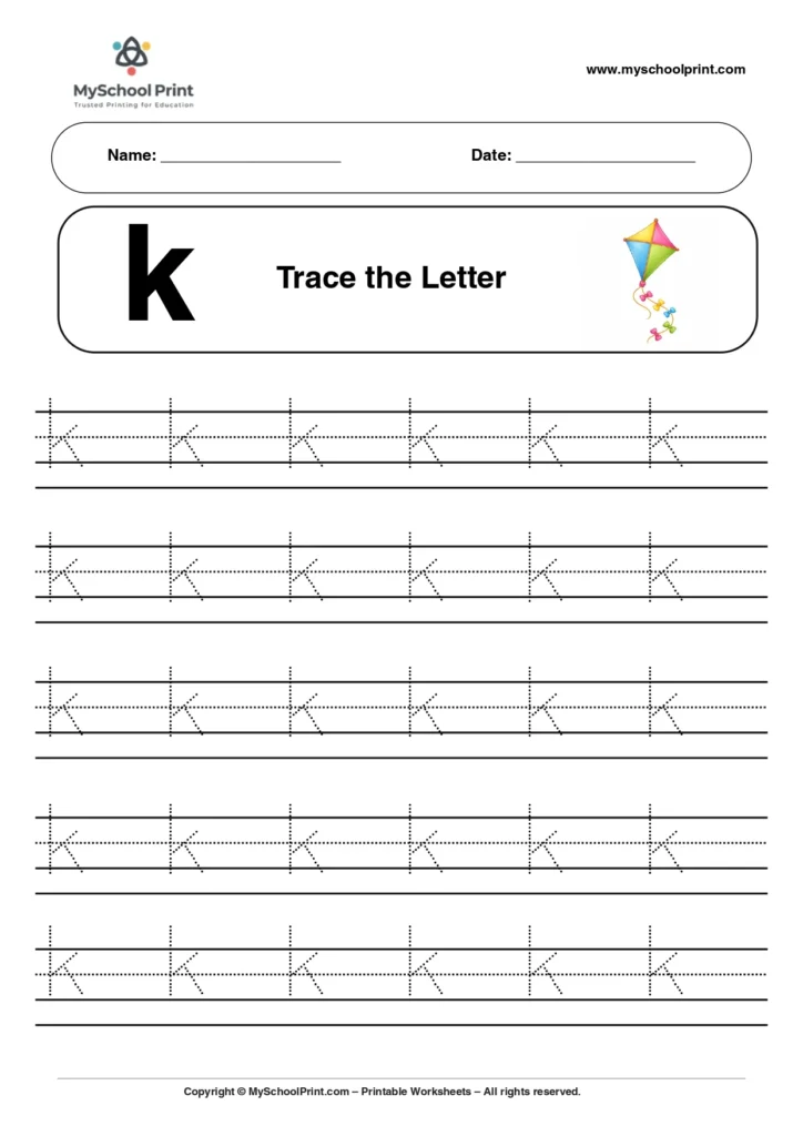 Lowercase letter k worksheet for preschool and kindergarten