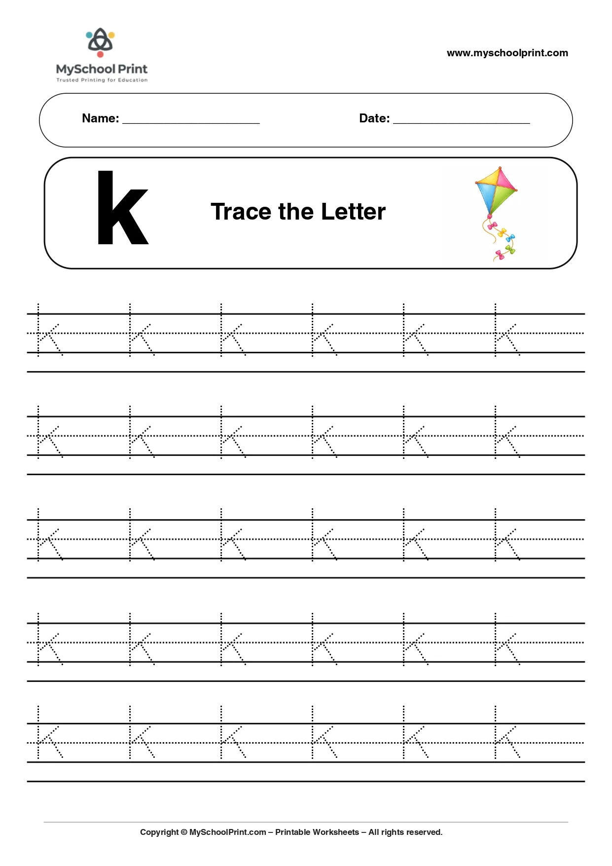 Lowercase letter k worksheet for preschool and kindergarten