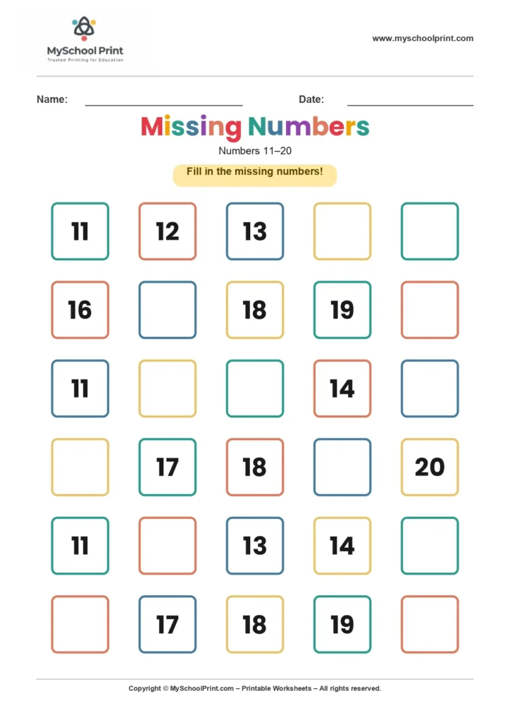 Missing numbers worksheet 11