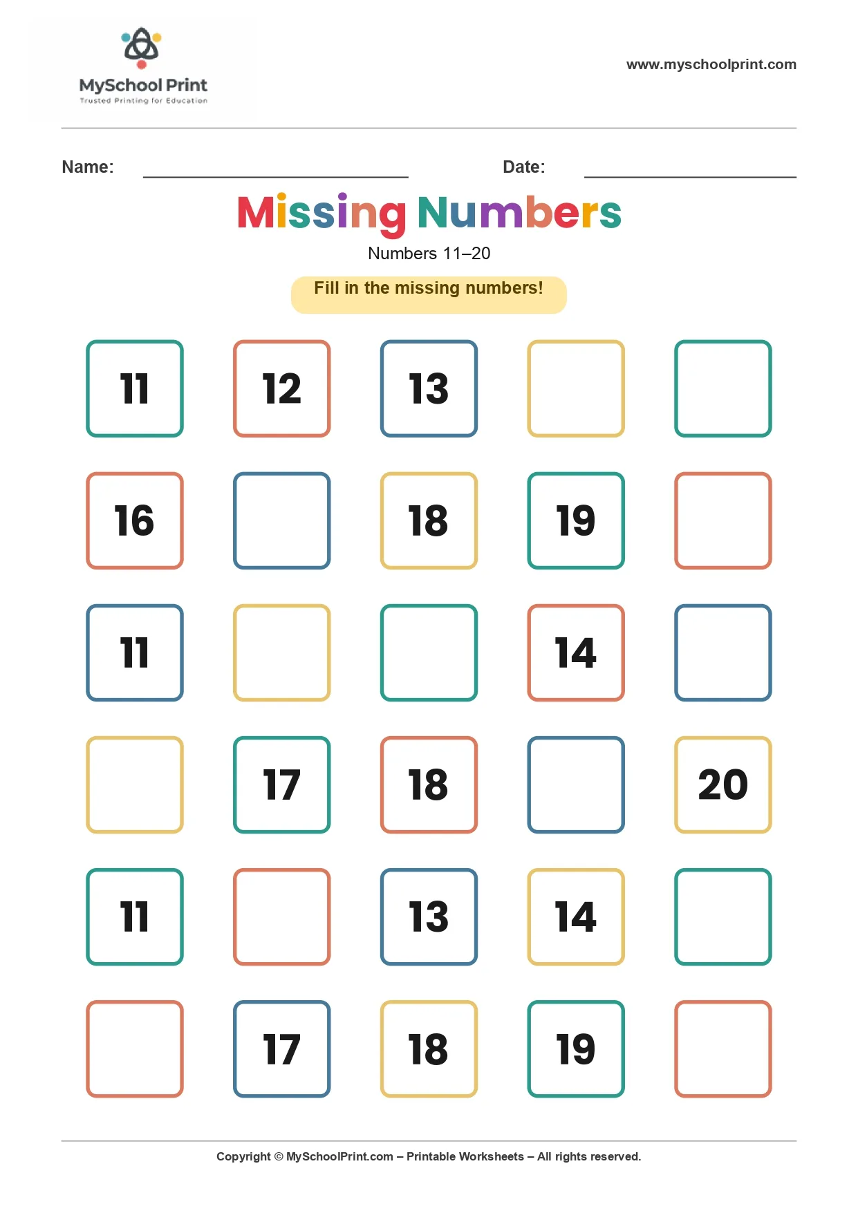 Missing numbers worksheet 11