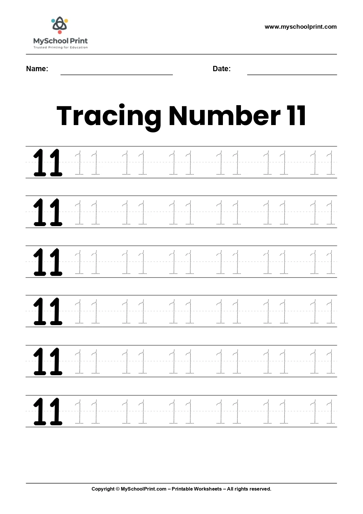 Number 11 tracing worksheet