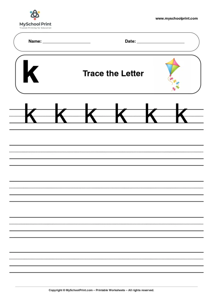 Solid lowercase letter k worksheet for preschool and kindergarten
