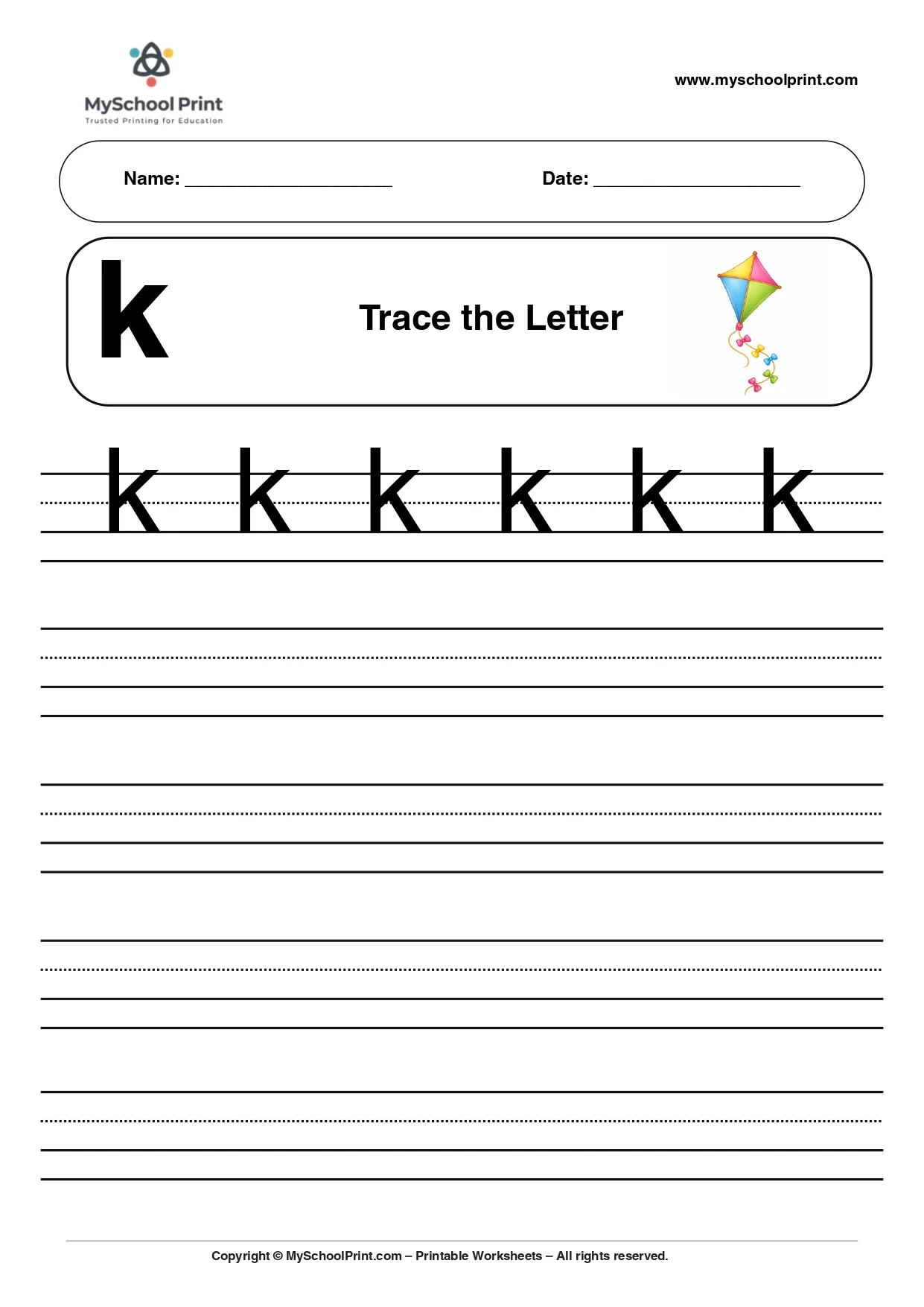 Solid lowercase letter k worksheet for preschool and kindergarten