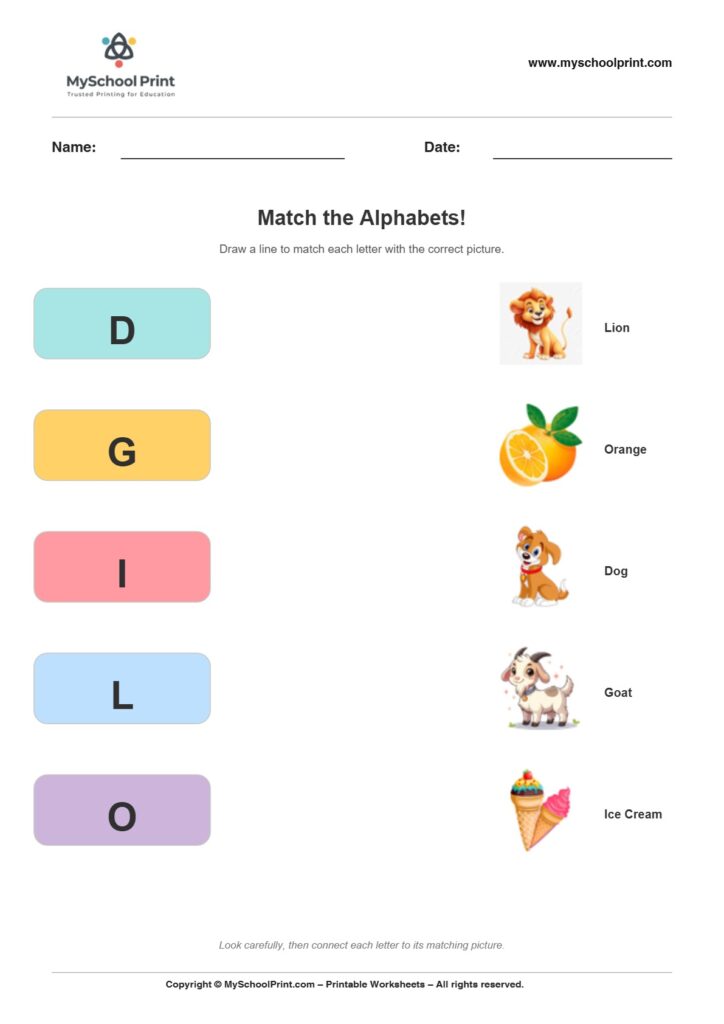 Alphabet matching worksheet 12 with uppercase letters and colorful pictures for preschool and kindergarten