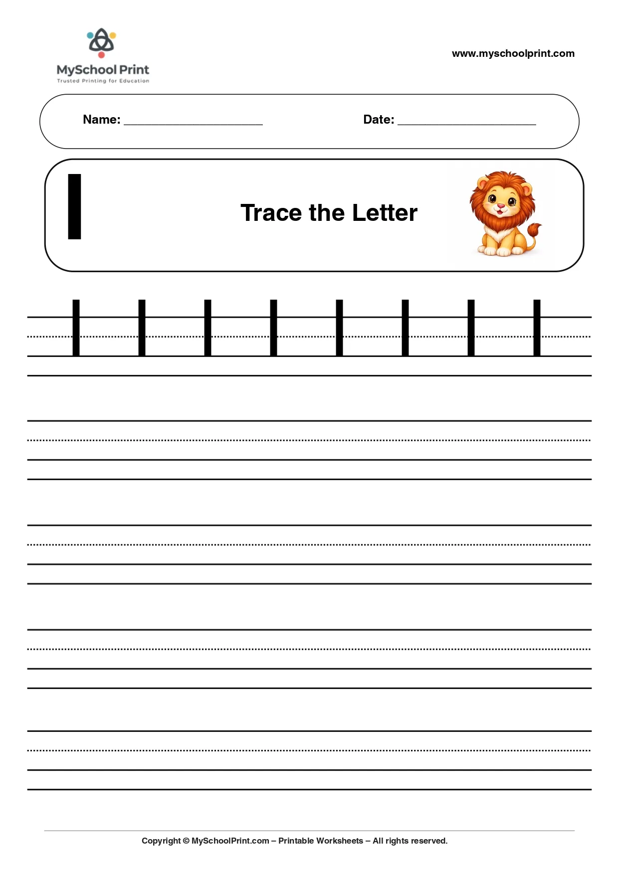Solid lowercase letter l worksheet for preschool and kindergarten