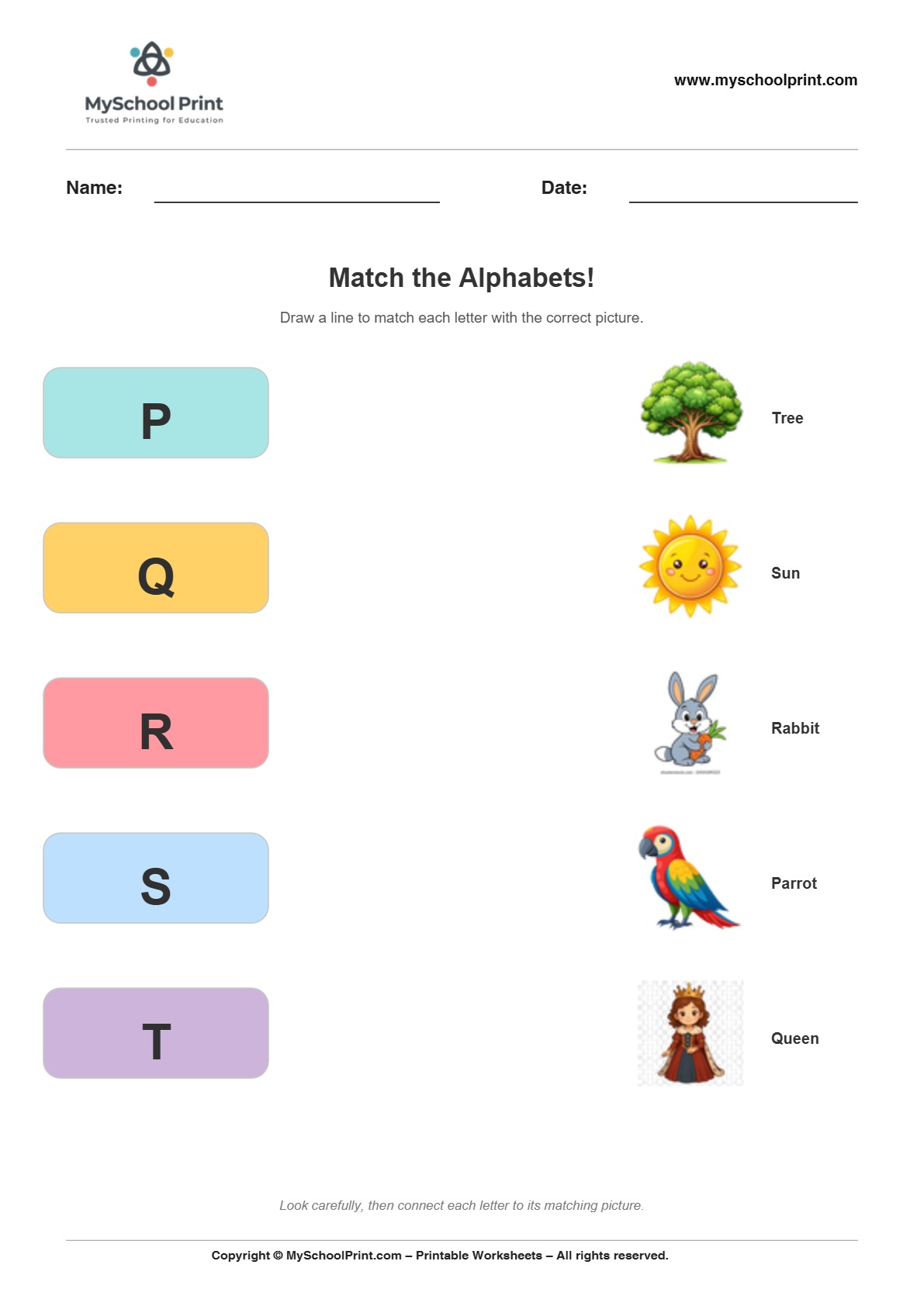 Alphabet matching worksheet 13 with uppercase letters and colorful pictures for preschool and kindergarten