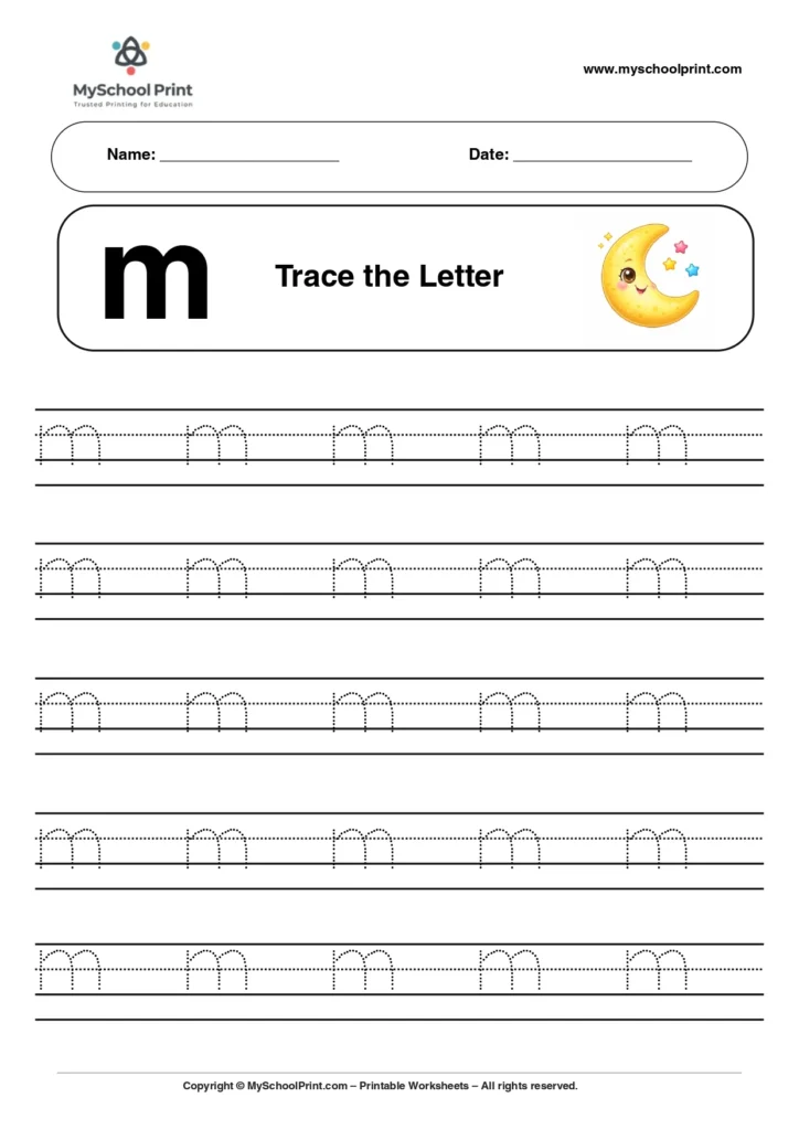 Lowercase letter m worksheet for preschool and kindergarten