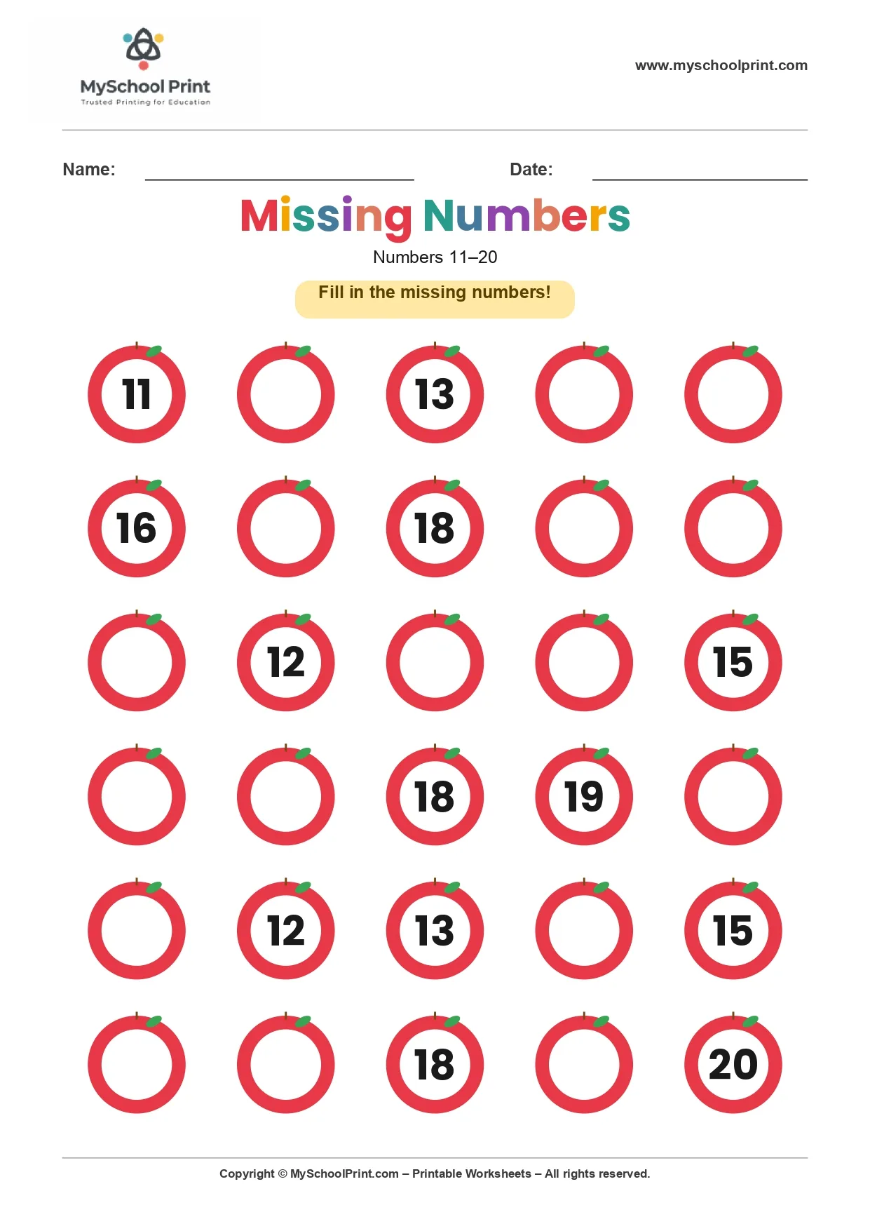 Missing numbers worksheet 13