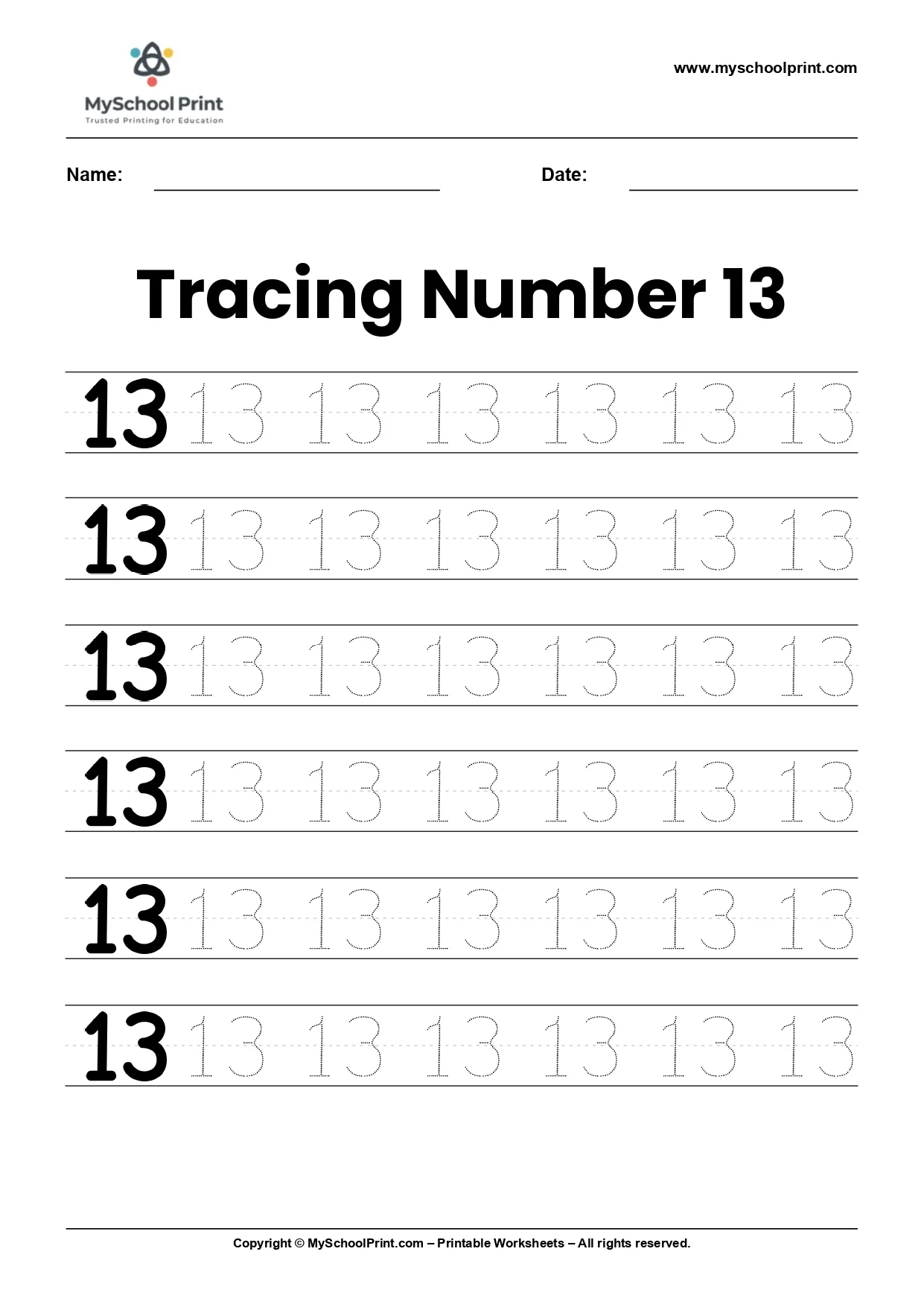 Number 13 tracing worksheet