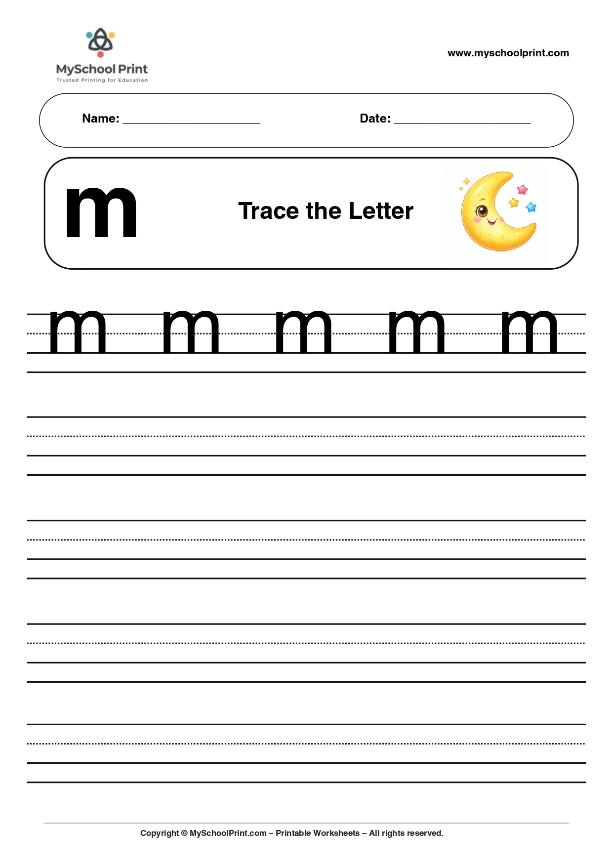Solid lowercase letter m worksheet for preschool and kindergarten