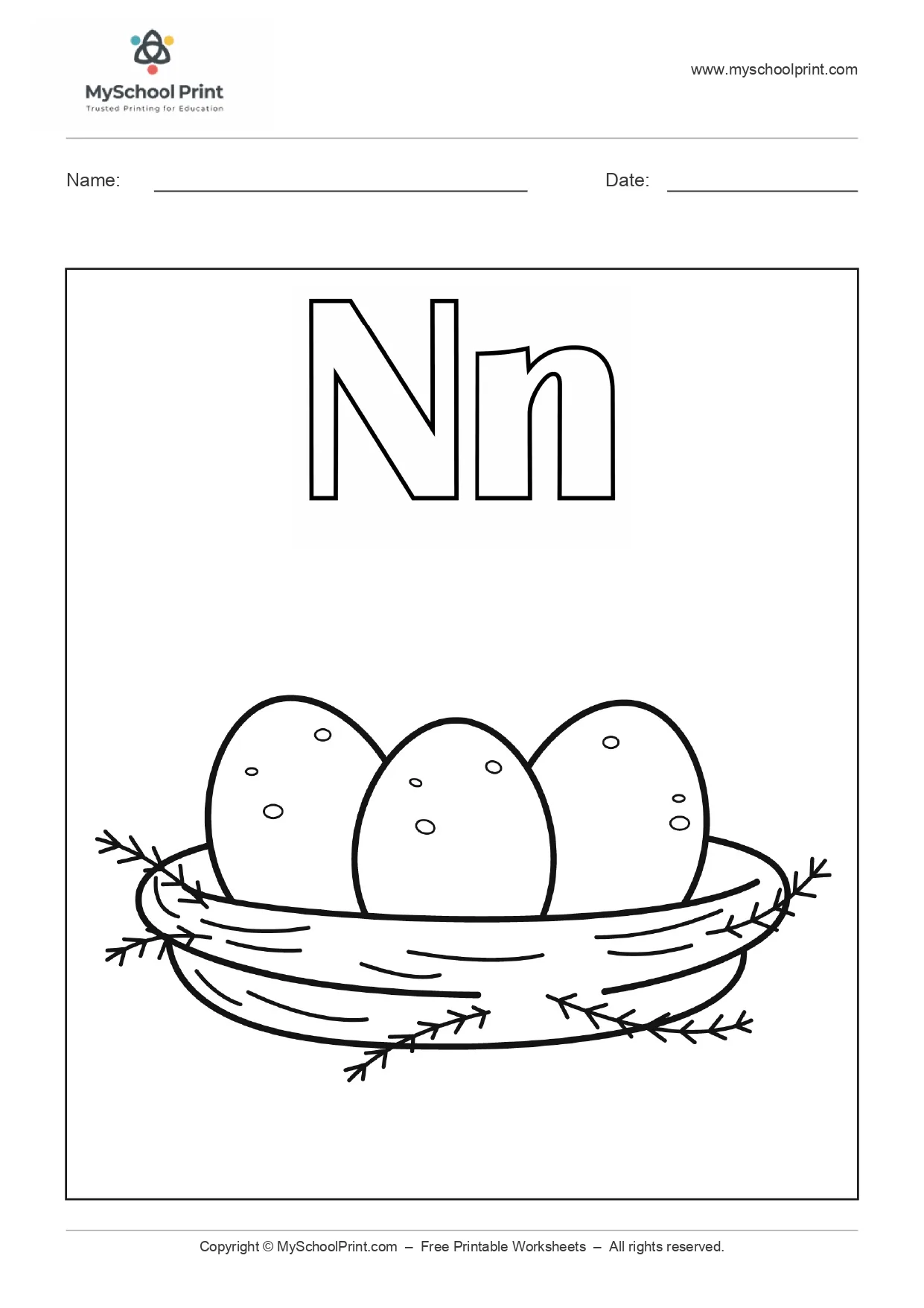Alphabet letter n coloring worksheet