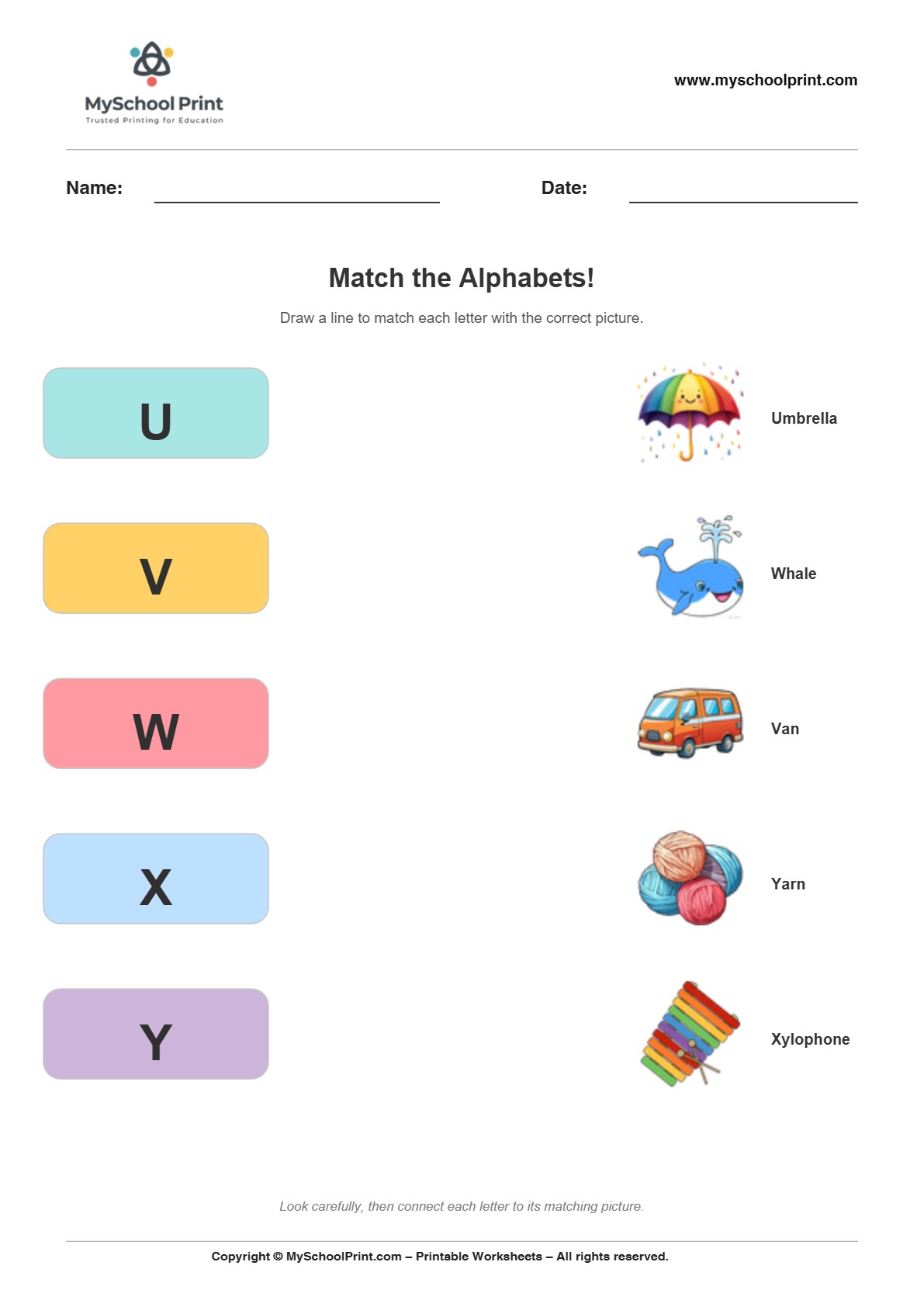 Alphabet matching worksheet 14 with uppercase letters and colorful pictures for preschool and kindergarten