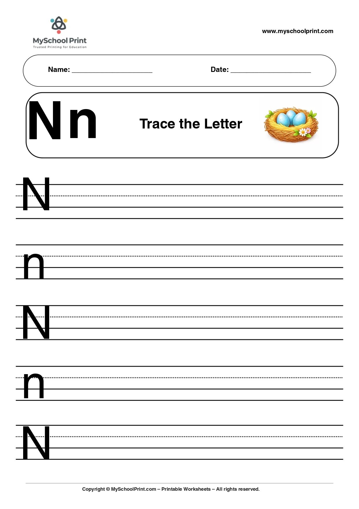 Uppercase and lowercase letter n worksheet