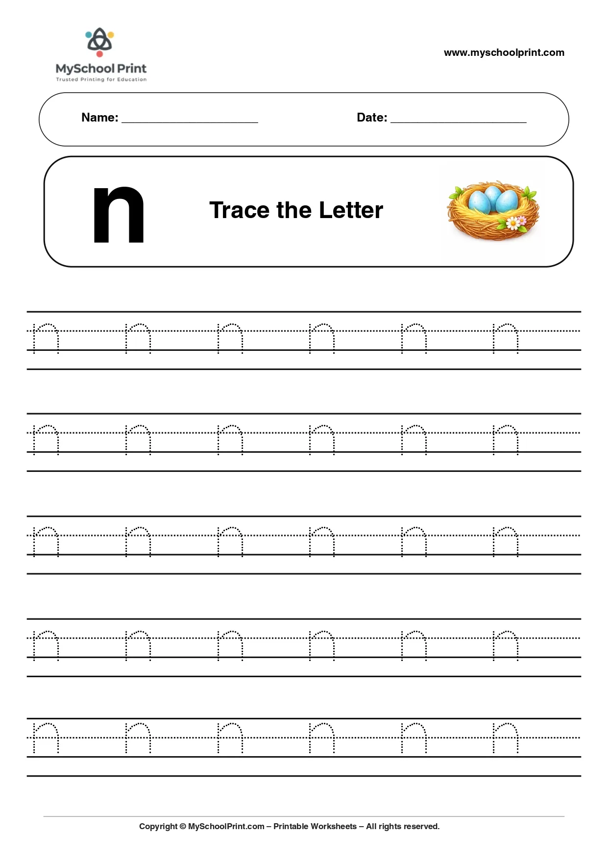 Lowercase letter n worksheet for preschool and kindergarten