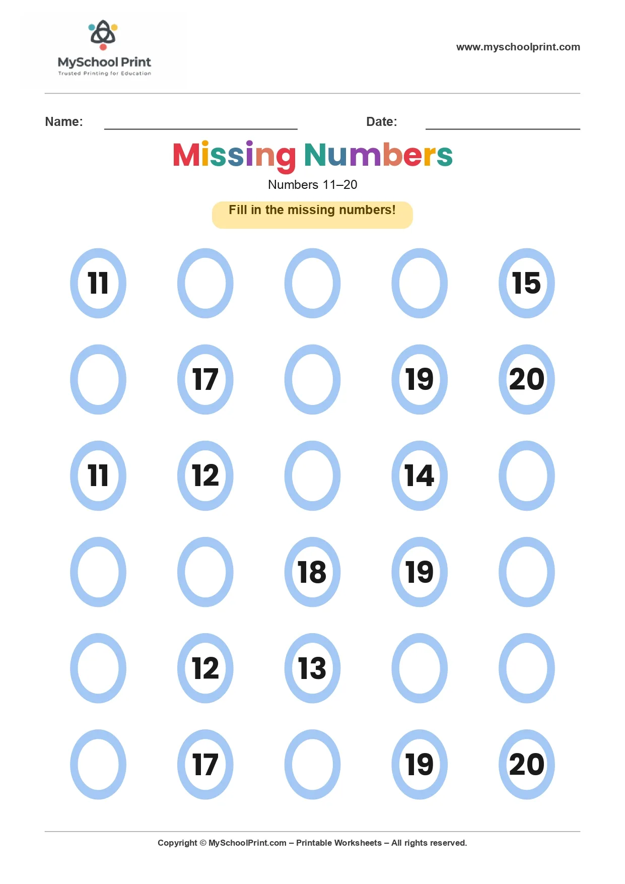 Missing numbers worksheet 14