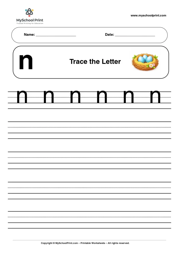 Solid lowercase letter n worksheet for preschool and kindergarten