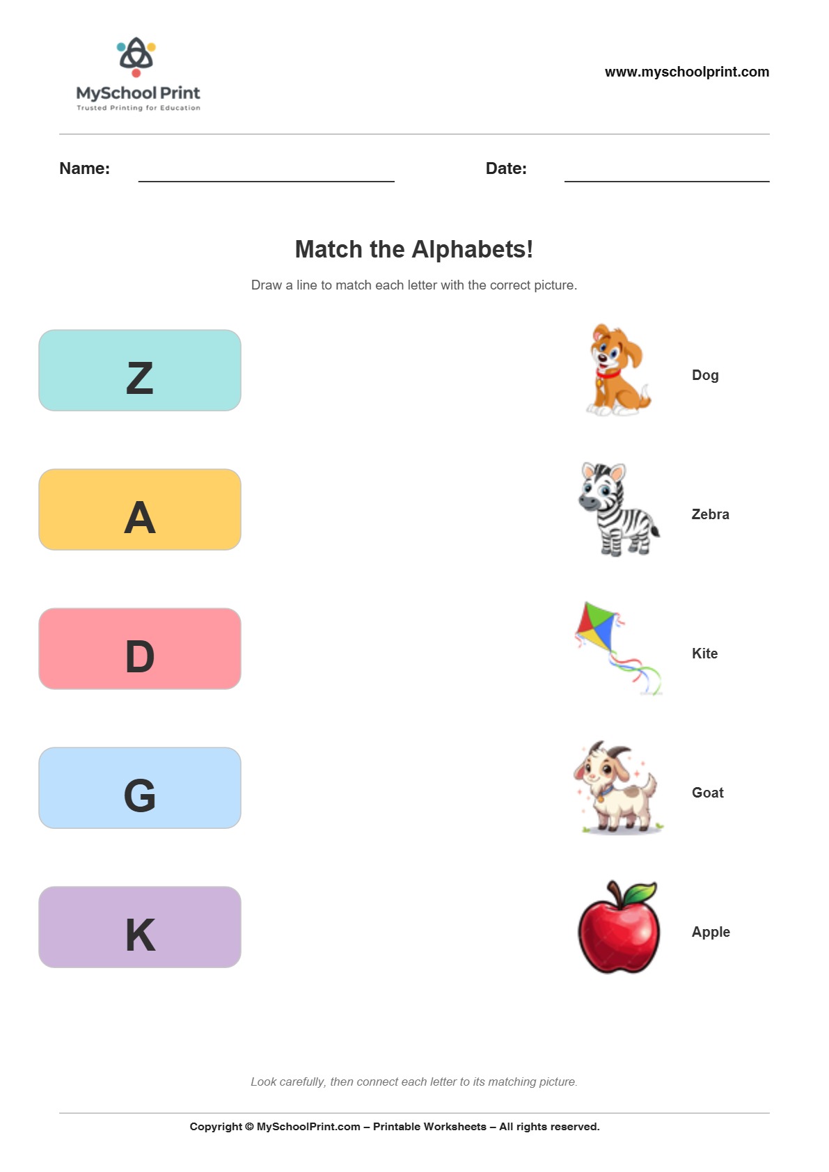 Alphabet matching worksheet 15 with uppercase letters and colorful pictures for preschool and kindergarten