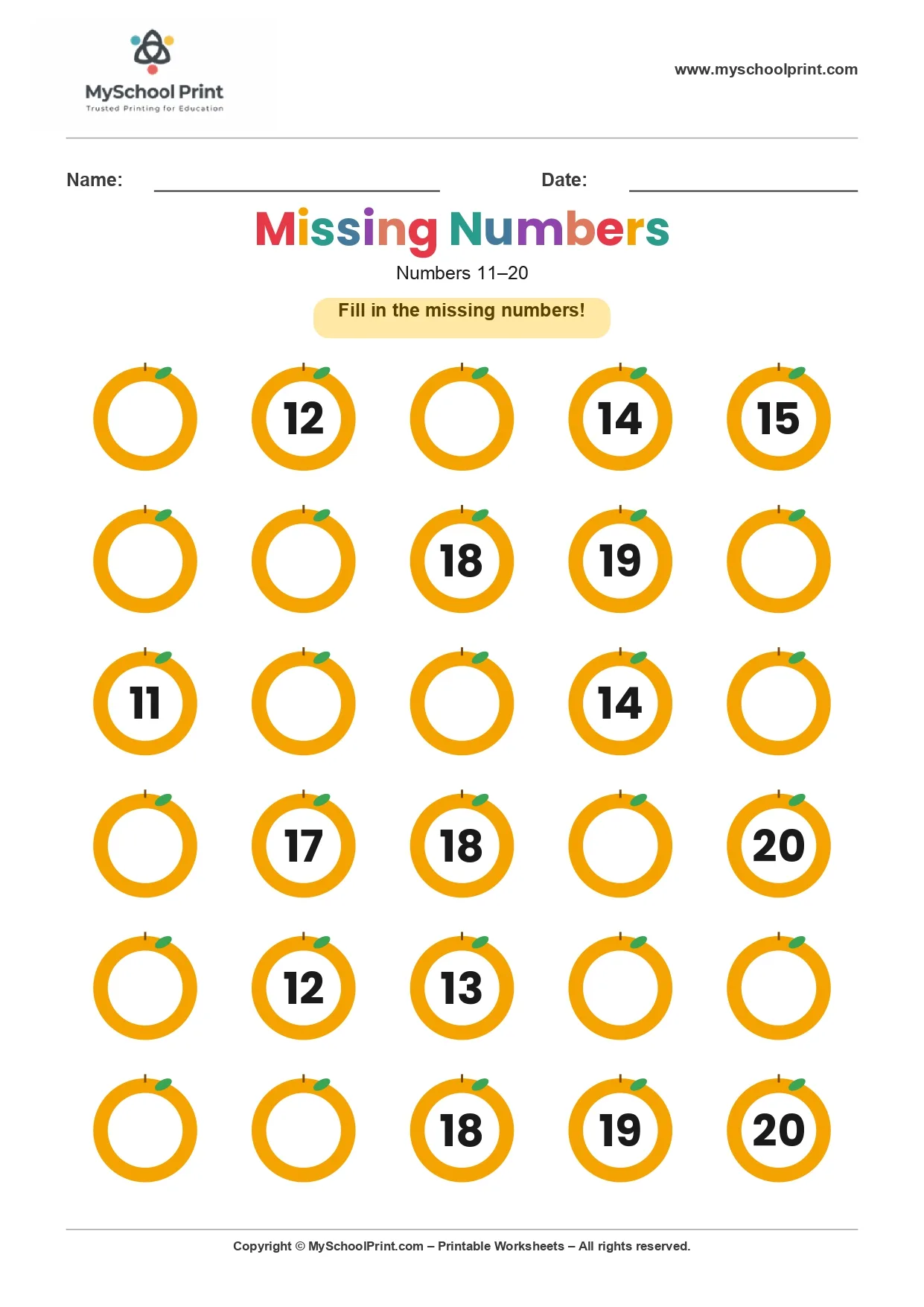 Missing numbers worksheet 15