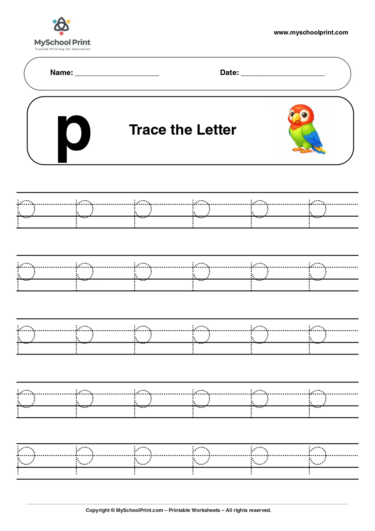 Lowercase letter p worksheet for preschool and kindergarten
