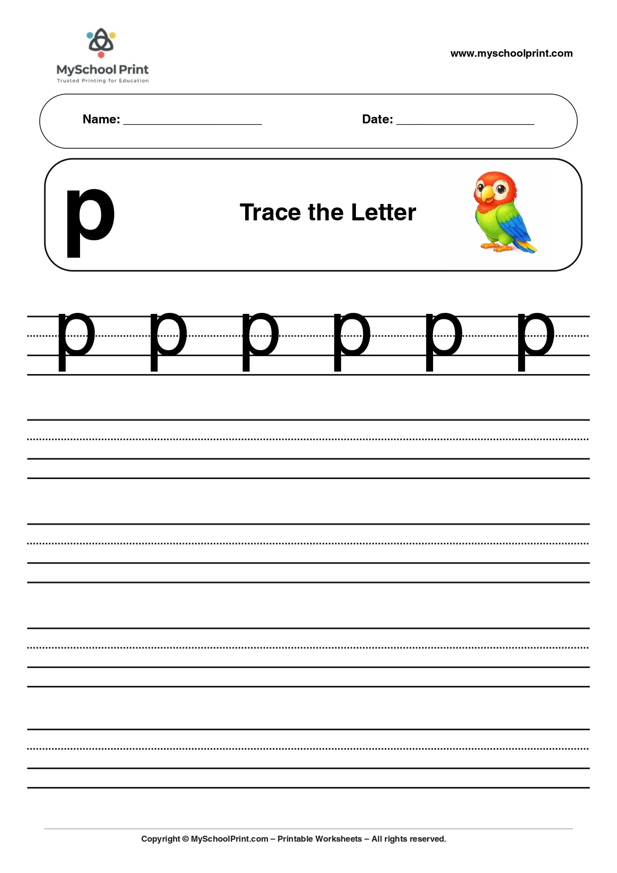 Solid lowercase letter p worksheet for preschool and kindergarten
