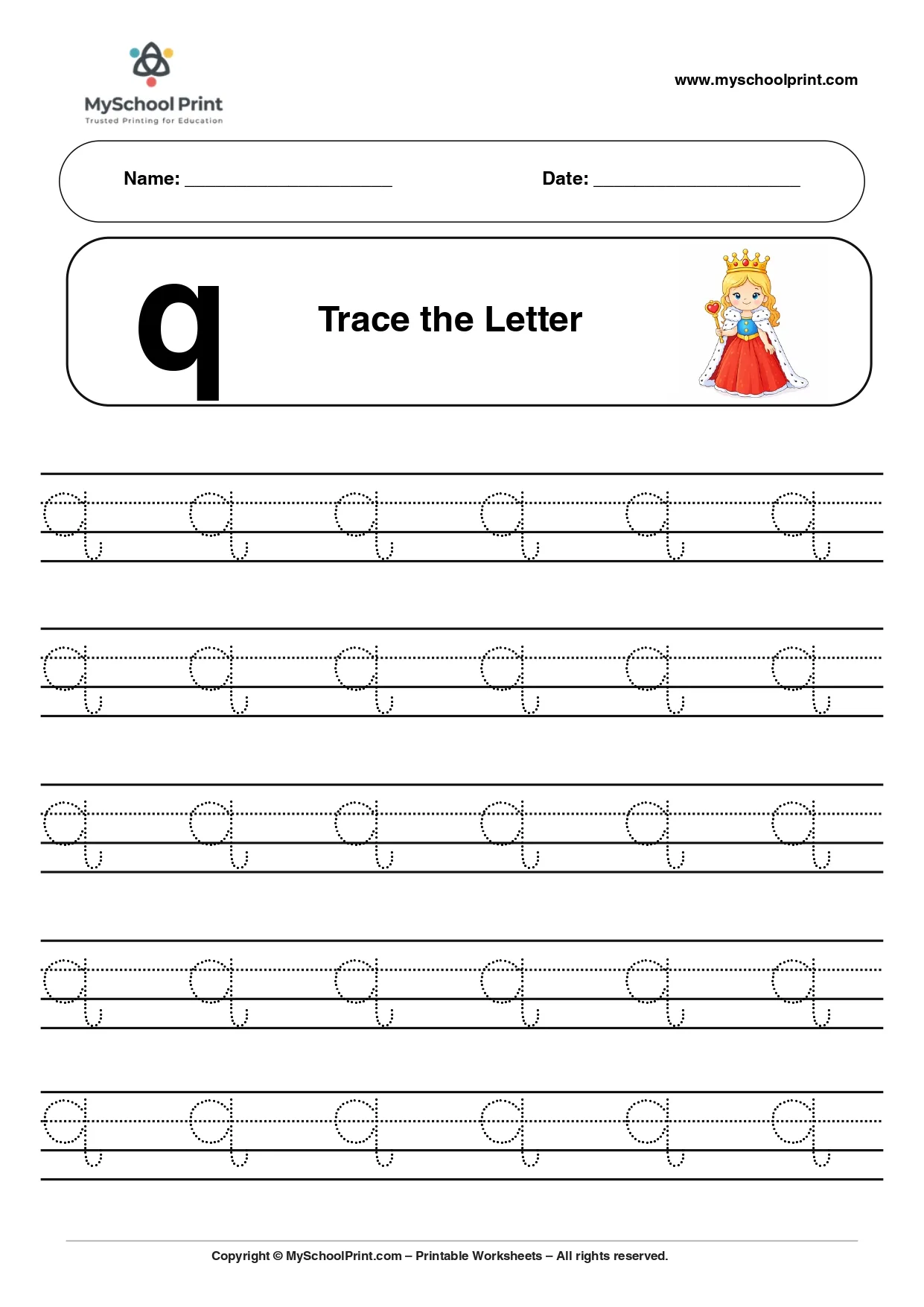 Lowercase letter q worksheet for preschool and kindergarten