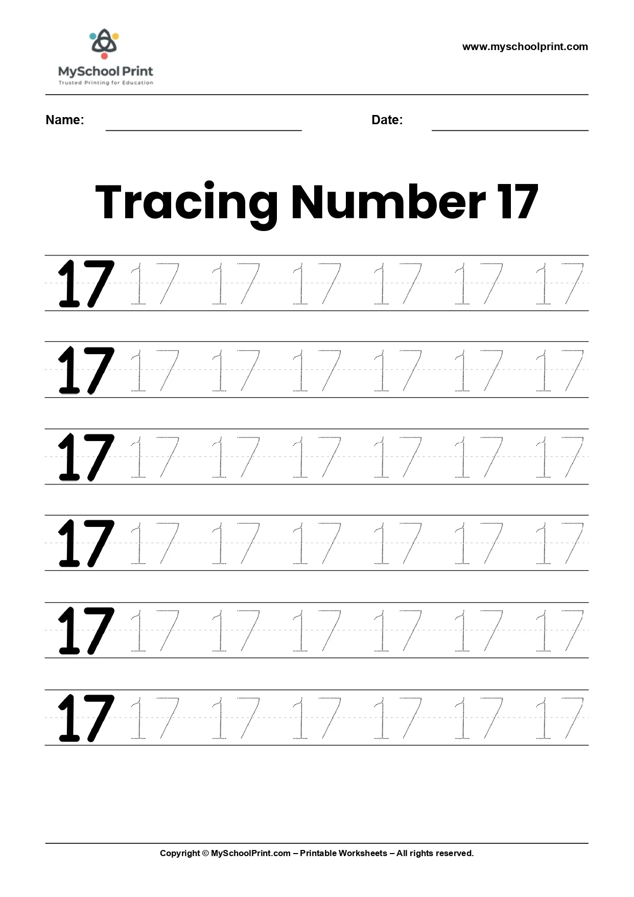 Number 17 tracing worksheet