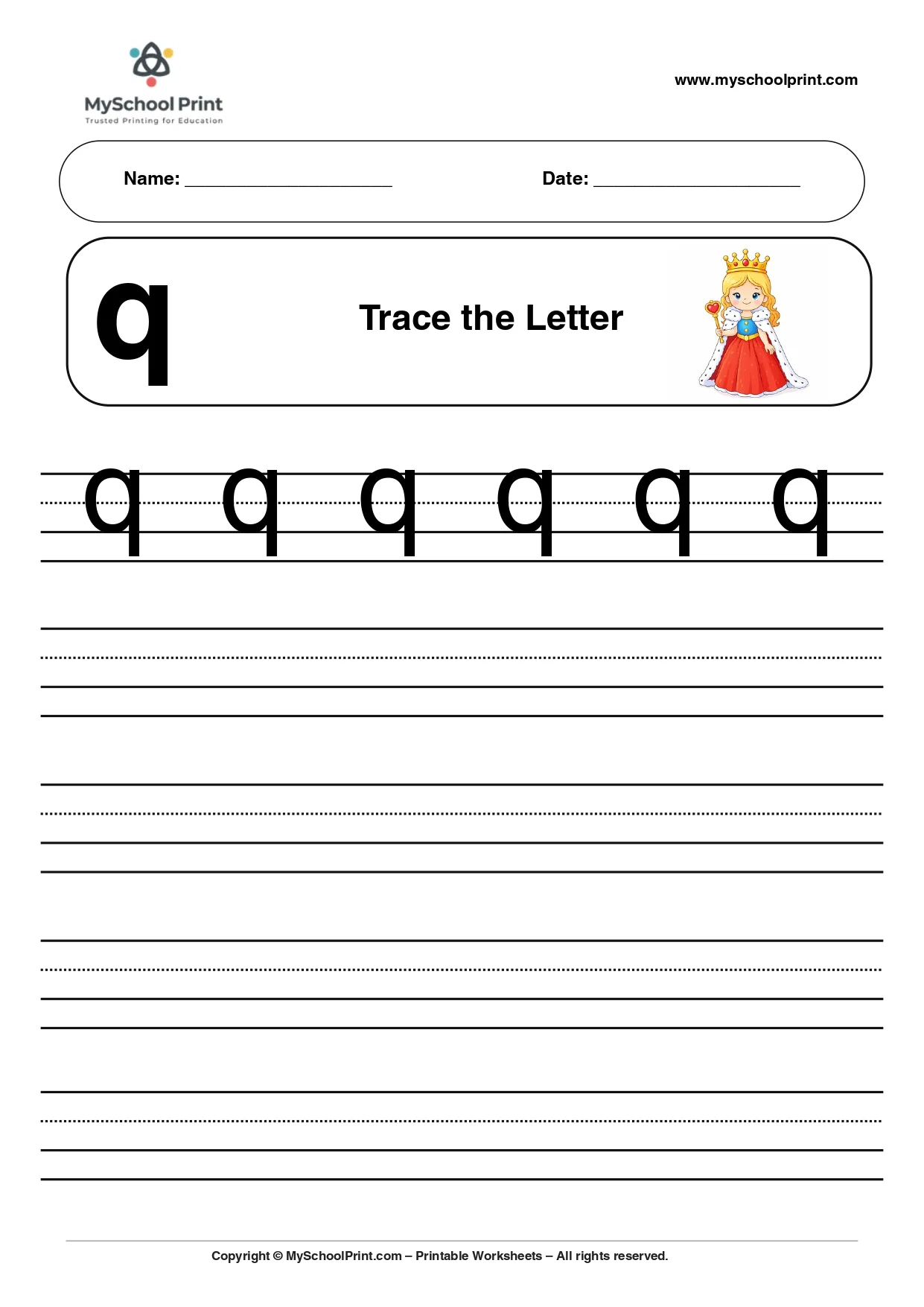 Solid lowercase letter q worksheet for preschool and kindergarten