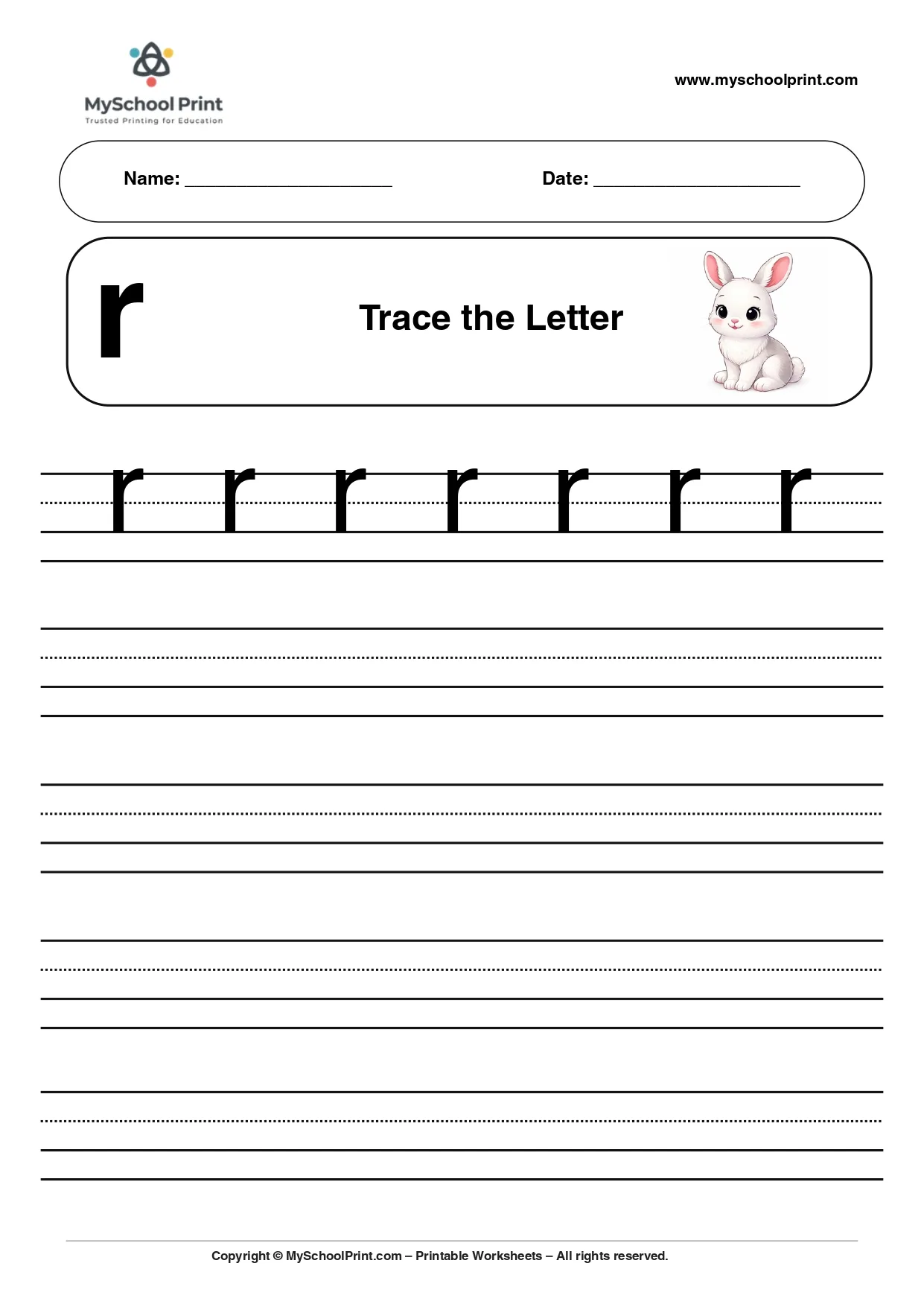 Solid lowercase letter r worksheet for preschool and kindergarten