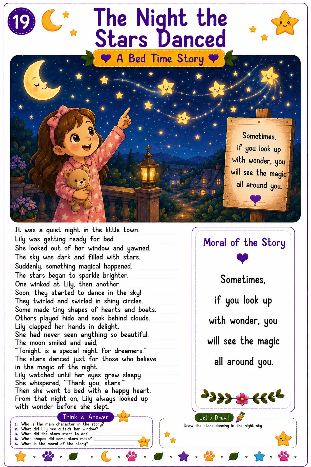 Printable bedtime story worksheet with reading activity