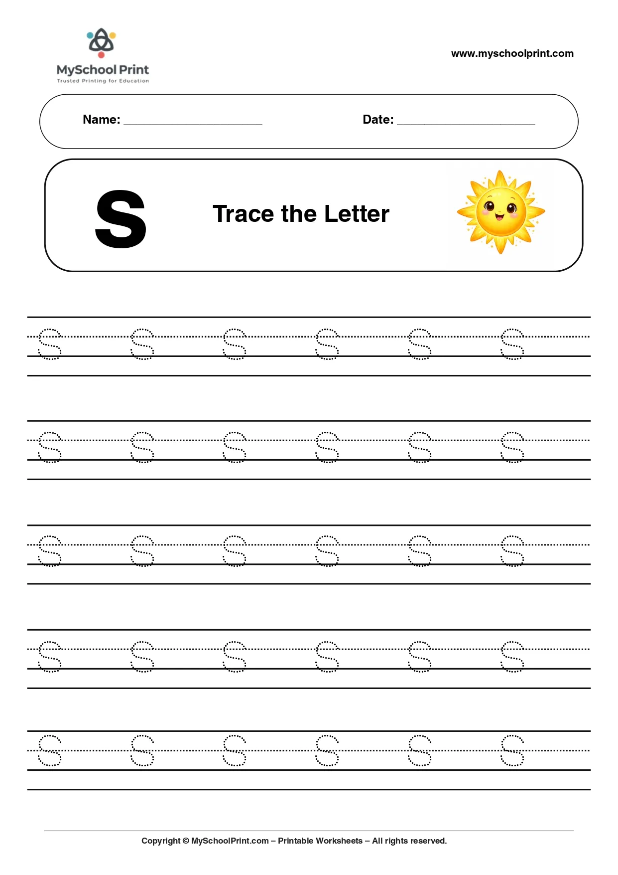 Lowercase letter s worksheet for preschool and kindergarten