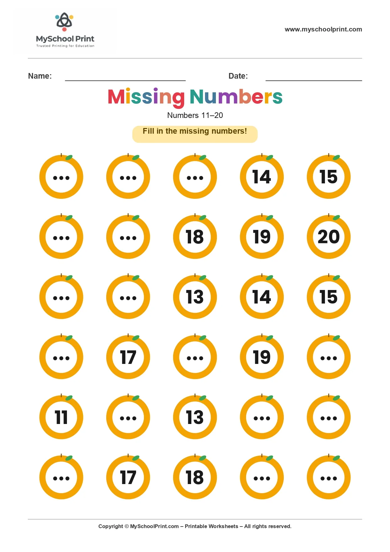 Missing numbers worksheet 19