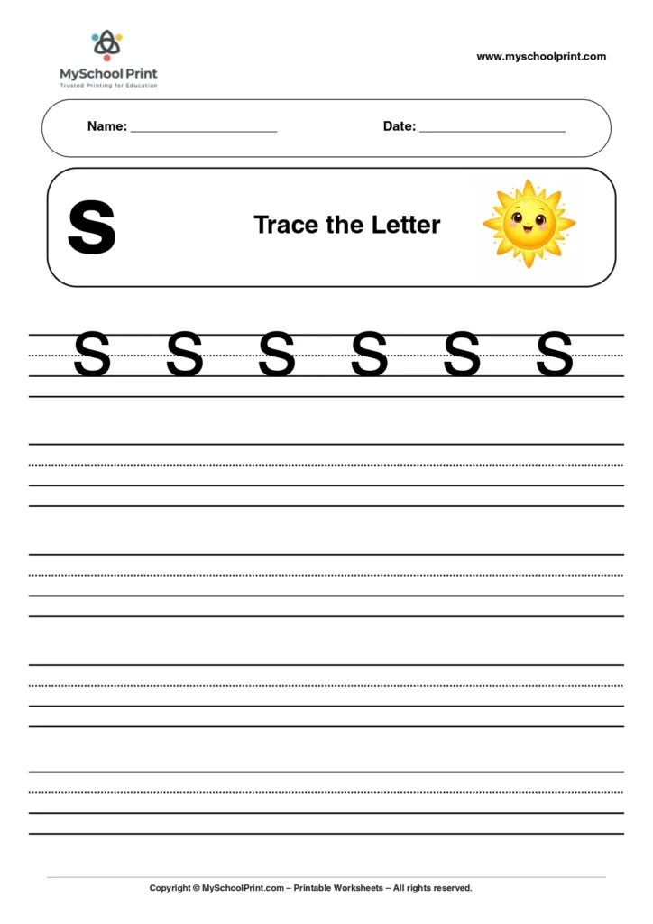 Solid lowercase letter s worksheet for preschool and kindergarten