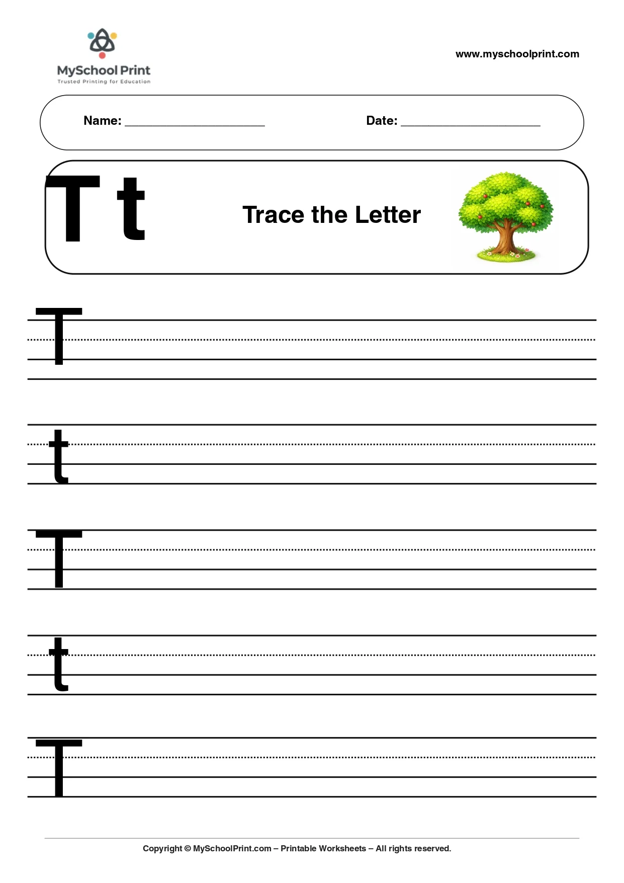 Uppercase and lowercase letter t worksheet