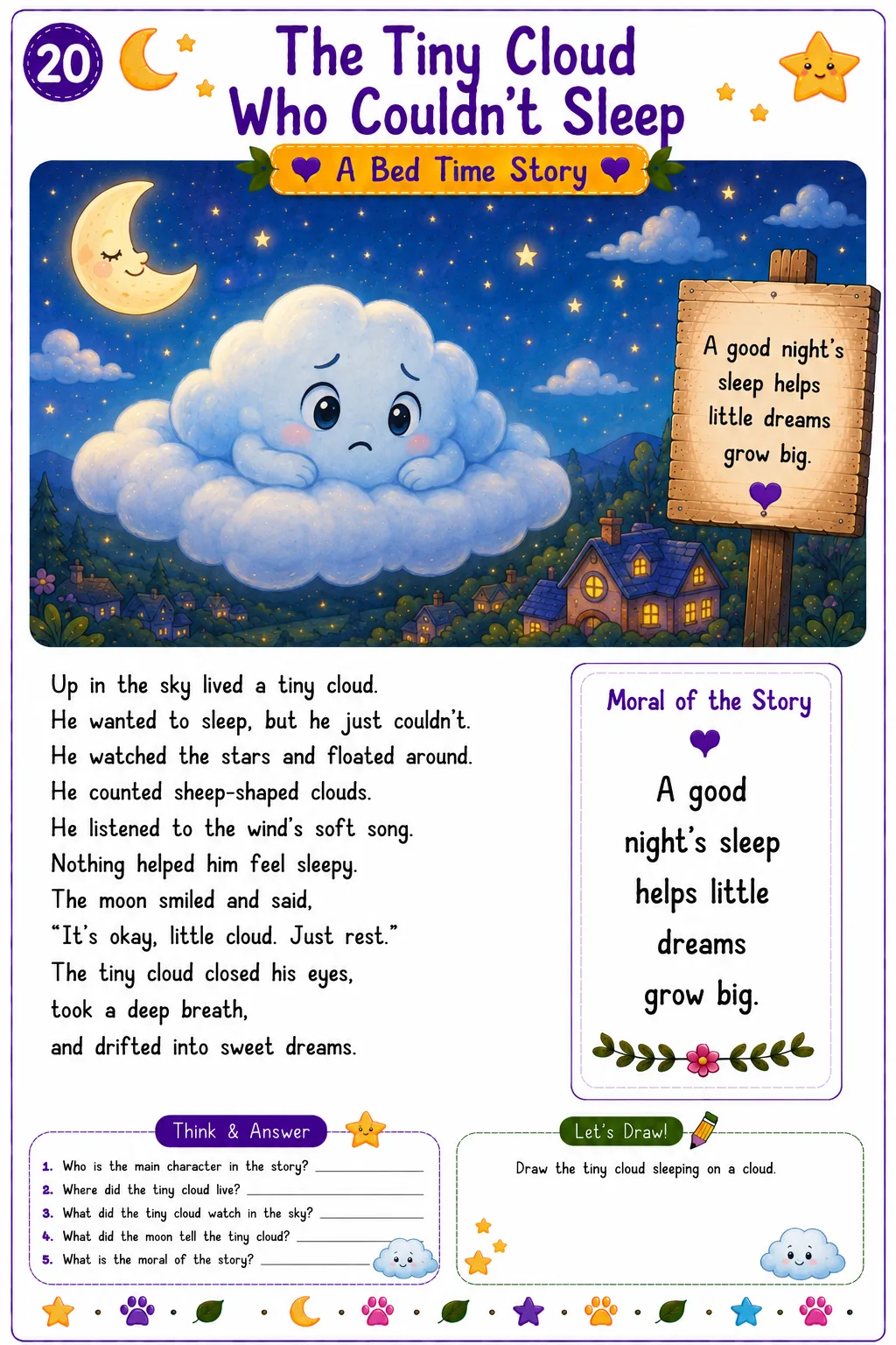 Bedtime story worksheet for preschool and kindergarten