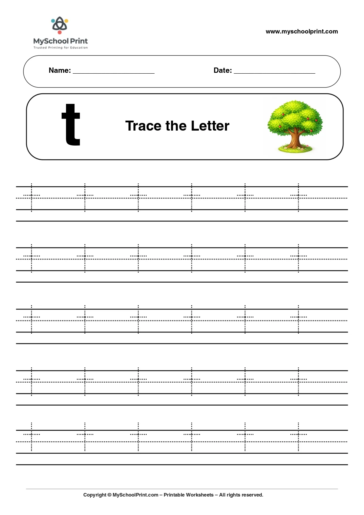 Lowercase letter t worksheet for preschool and kindergarten