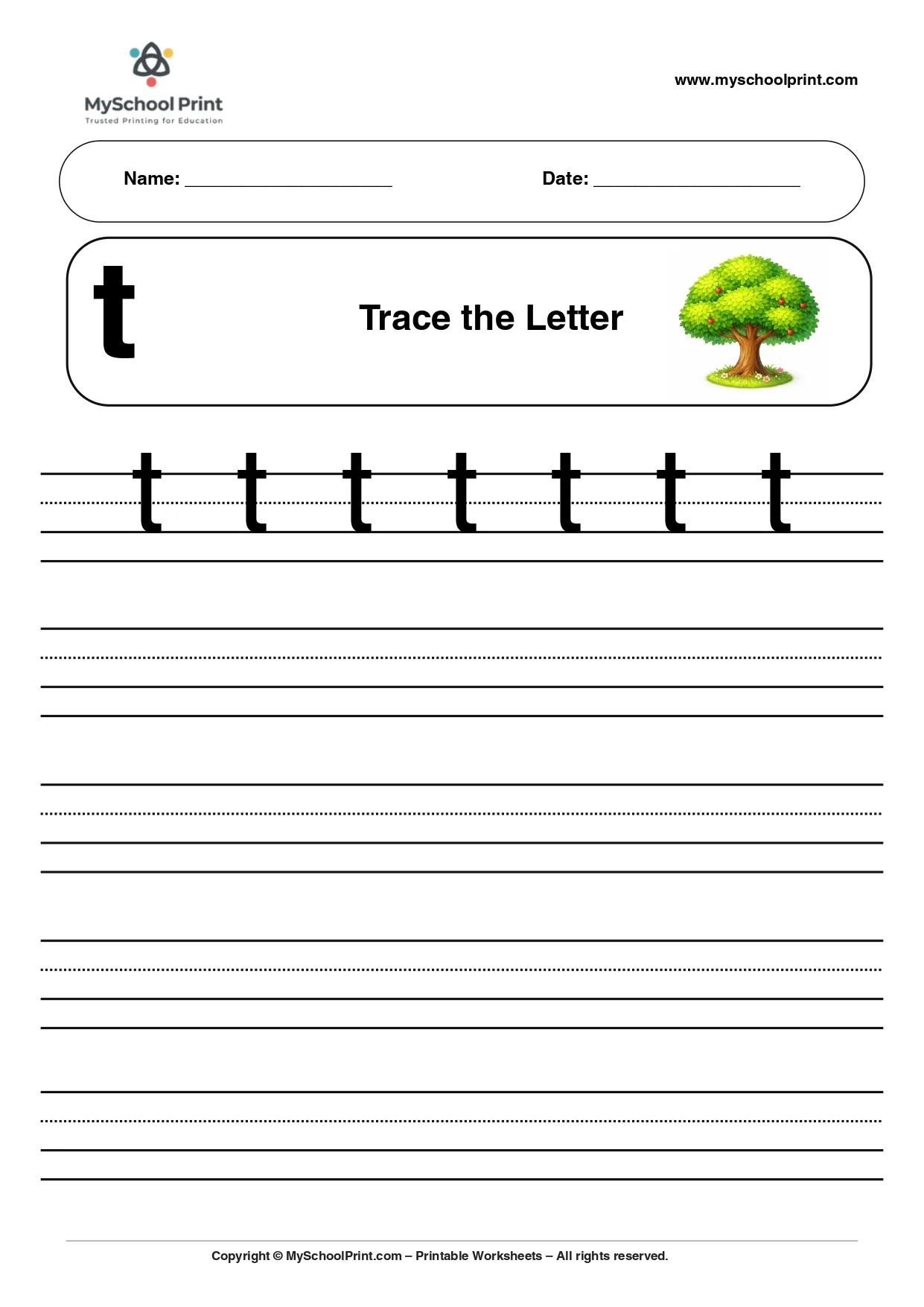 Solid lowercase letter t worksheet for preschool and kindergarten