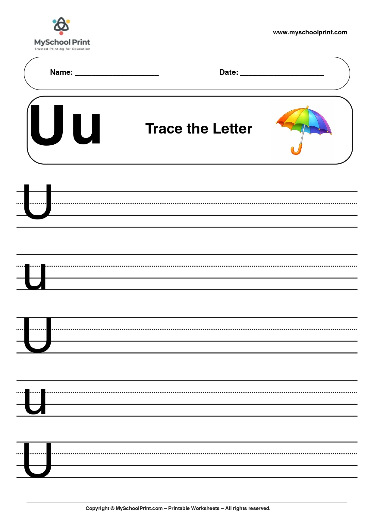 Uppercase and lowercase letter u worksheet