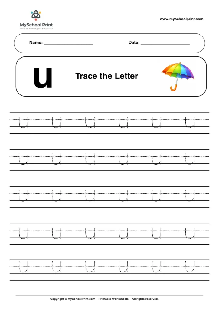 Lowercase letter u worksheet for preschool and kindergarten