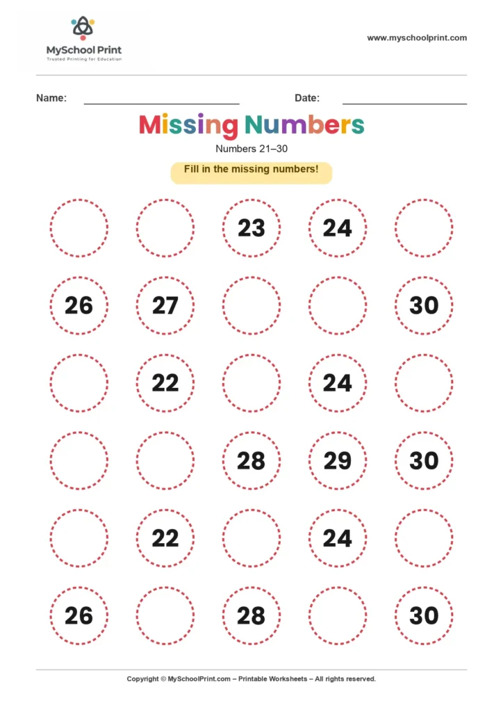 Missing numbers worksheet 21