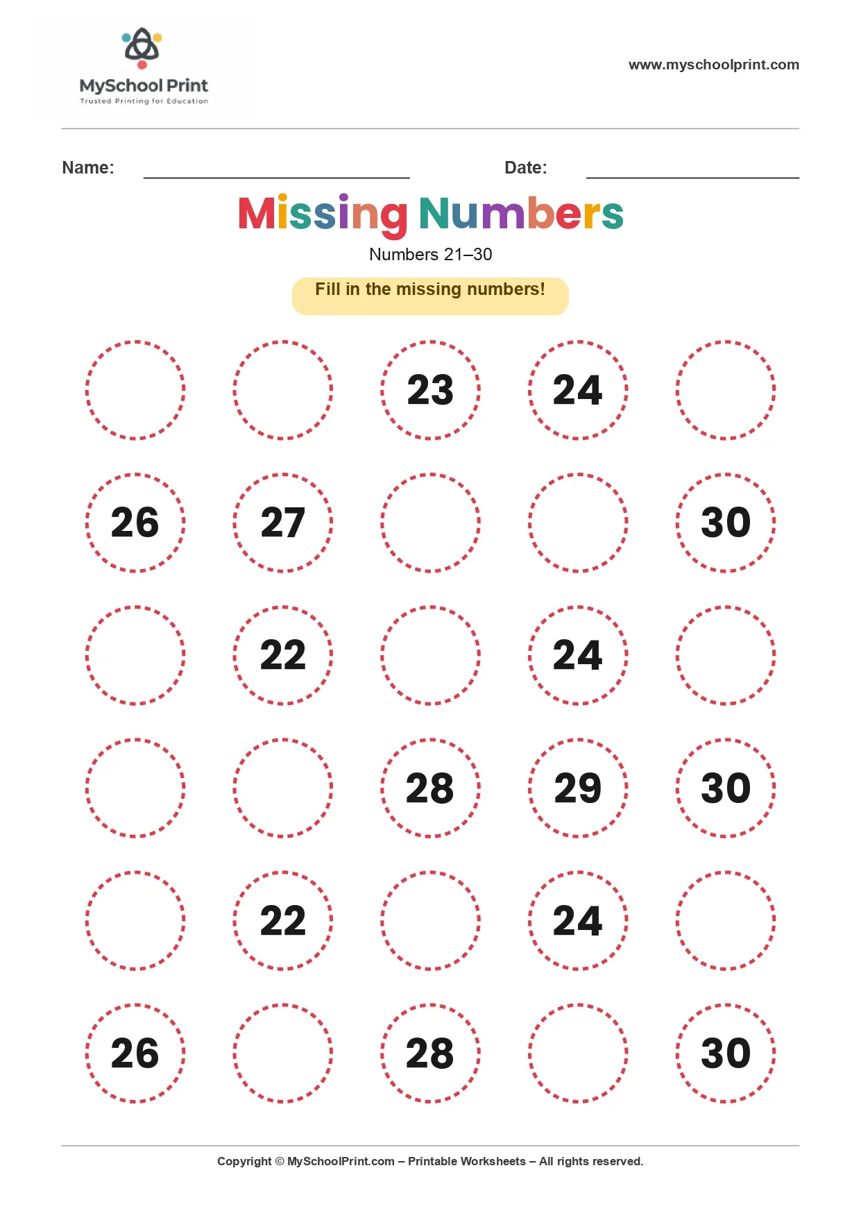 Missing numbers worksheet 21