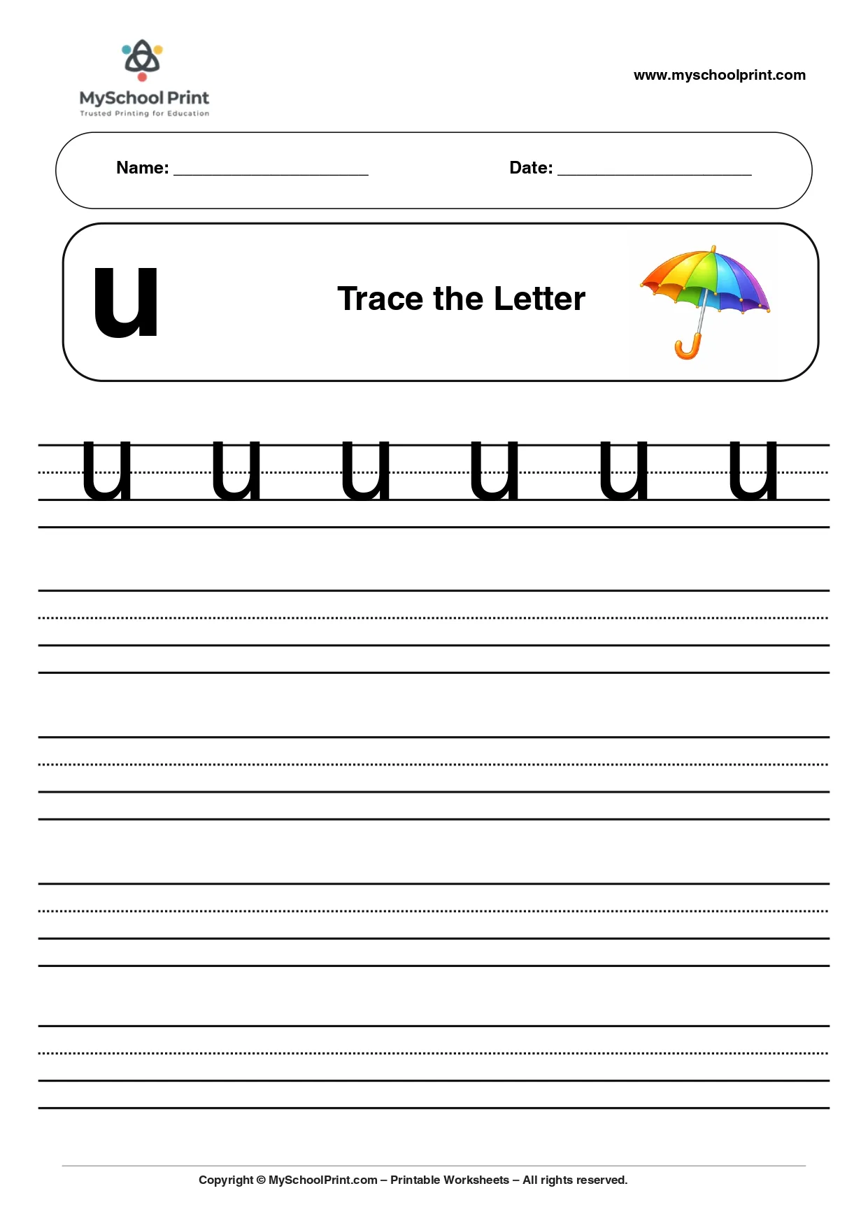 Solid lowercase letter u worksheet for preschool and kindergarten