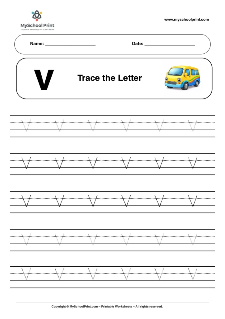 Lowercase letter v worksheet for preschool and kindergarten