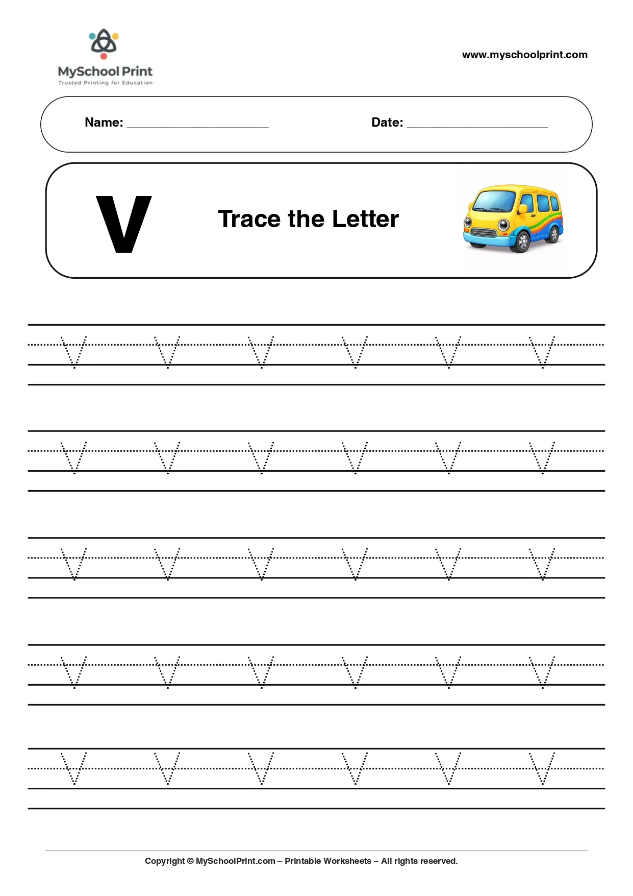Lowercase letter v worksheet for preschool and kindergarten