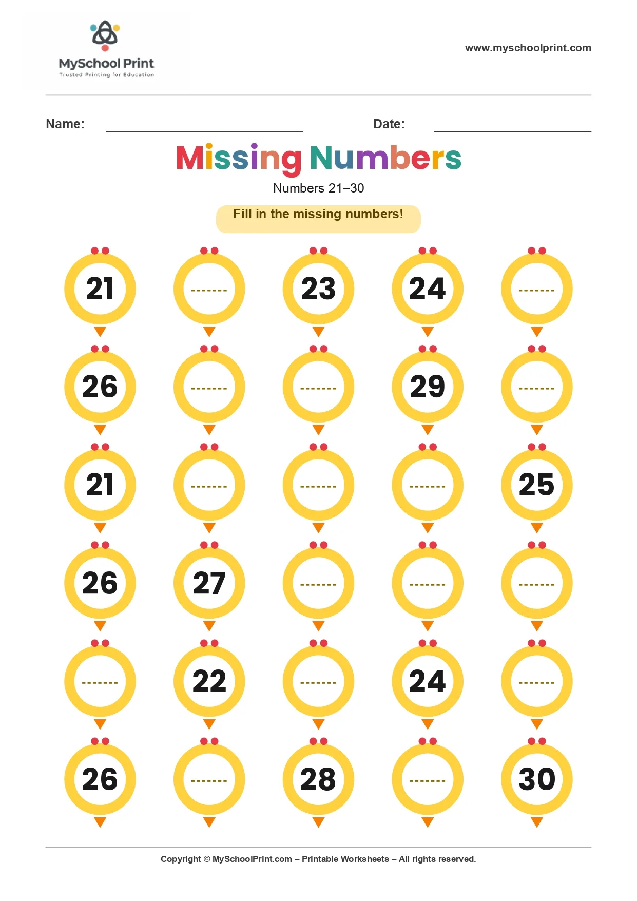 Missing numbers worksheet 22