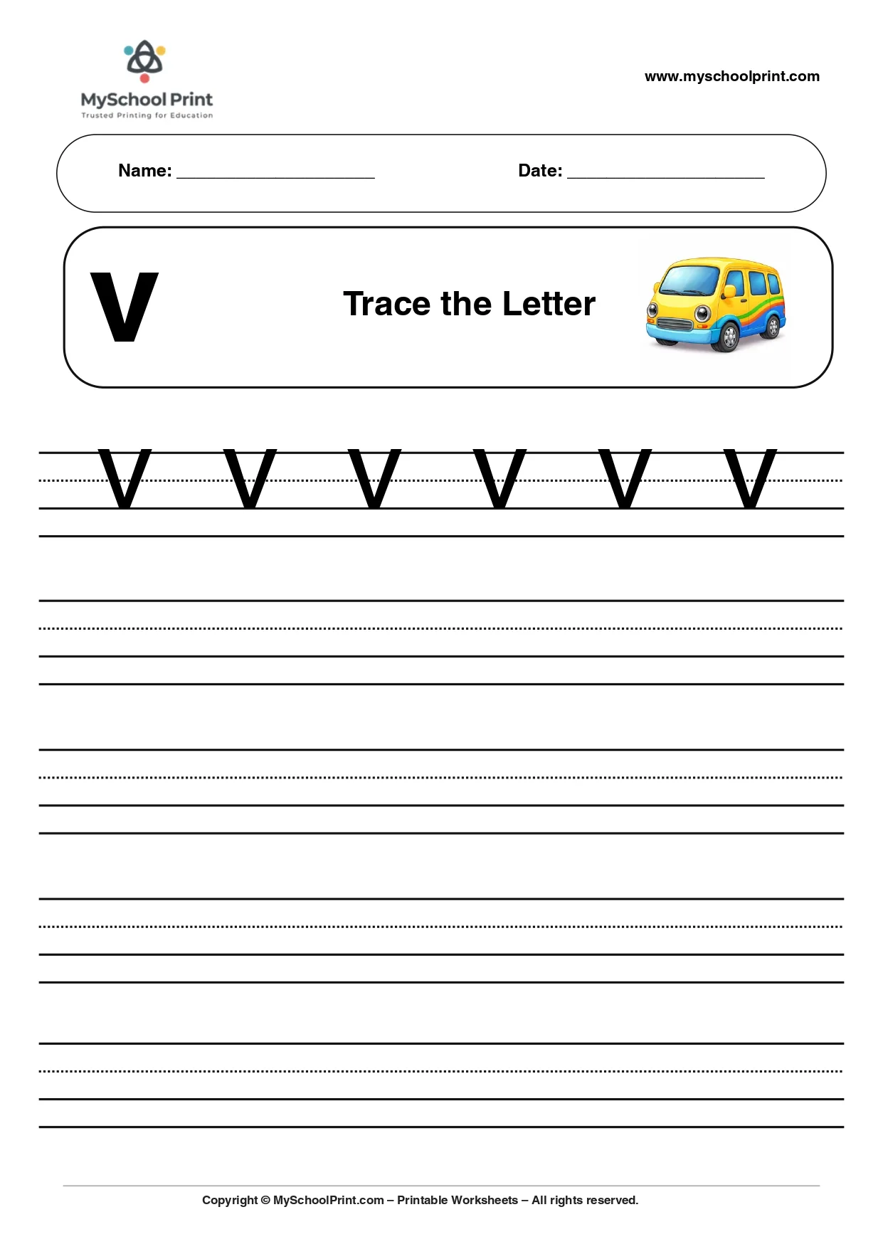 Solid lowercase letter v worksheet for preschool and kindergarten