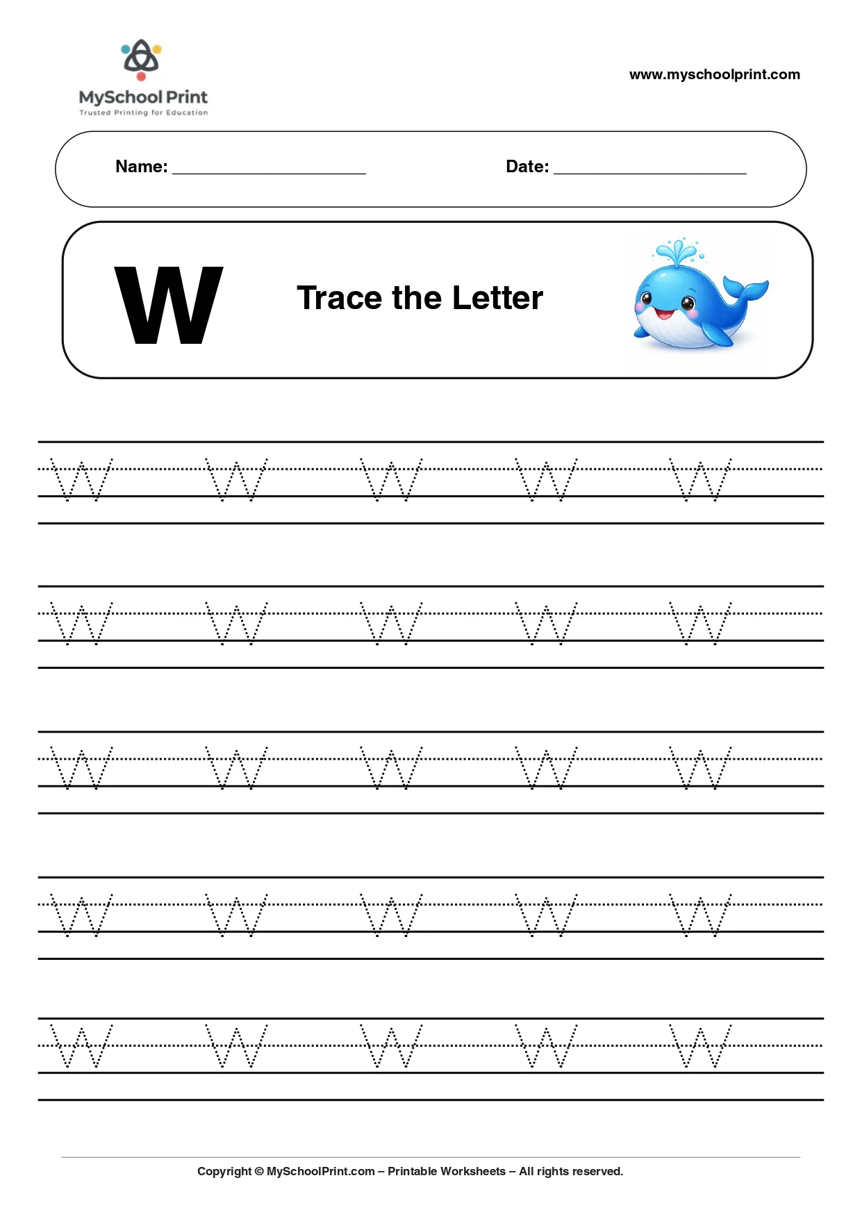 Lowercase letter w worksheet for preschool and kindergarten
