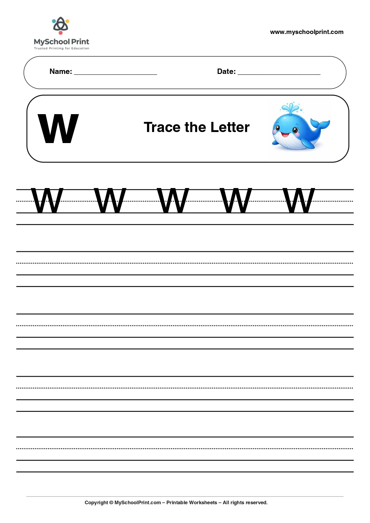 Solid lowercase letter w worksheet for preschool and kindergarten